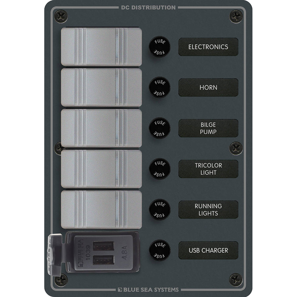 Blue Sea 8121 - Panel de interruptores Contura de 5 posiciones con cargadores USB duales - 12/24V CC - Negro
