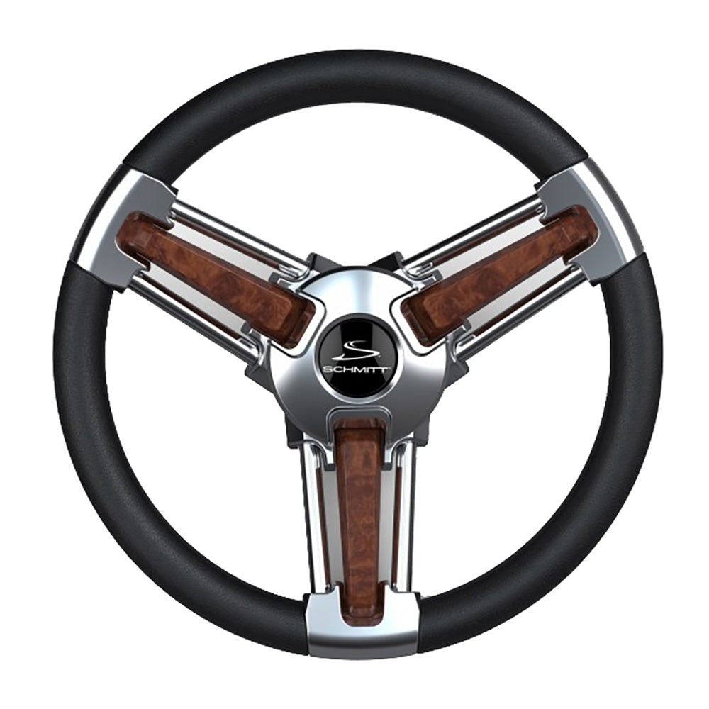 Volante Schmitt Marine Burano de 14" con eje cónico de 3/4", poliuretano tipo madera, radios de acero inoxidable, incluye tuerca y tapa central