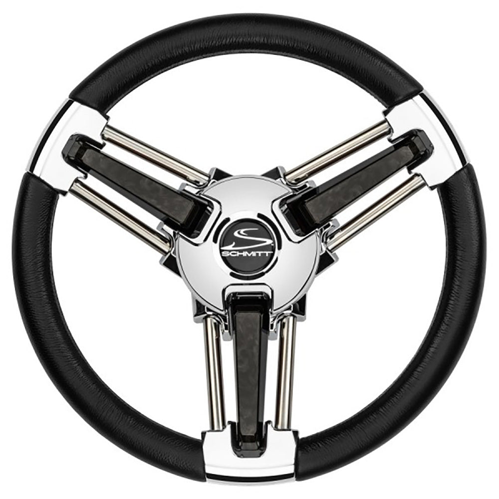 Volante Schmitt Marine Burano 14" con eje cónico de 3/4", poliuretano negro con radios de acero inoxidable, incluye tuerca y tapa central