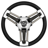 Volante Schmitt Marine Burano 14" con eje cónico de 3/4", poliuretano negro con radios de acero inoxidable, incluye tuerca y tapa central