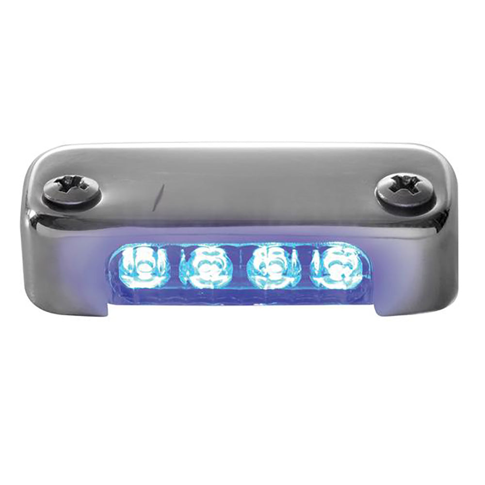 Luz LED micro Attwood azul con bisel de acero inoxidable y montaje vertical