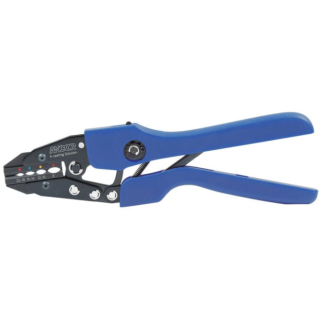Herramienta de trinquete de crimpado único Ancor para terminales y conectores aislados de termocontraíble, vinilo y nailon de 22-8 AWG