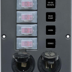 Blue Sea 4321 Circuit Breaker Switch Panel 4 Position - Gray w/12V Socket & Dual USB