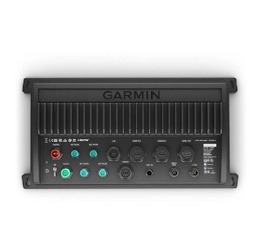 A black Garmin GPSmap 9500 marine chartplotter with various ports and buttons on the front panel.