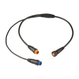 A black Y-cable with one end featuring an 8-pin connector and the other end a 12-pin connector, commonly used for connecting marine transducers.