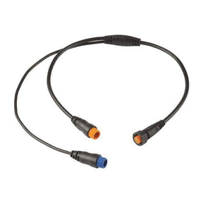 A black Y-cable with one end featuring an 8-pin connector and the other end a 12-pin connector, commonly used for connecting marine transducers.