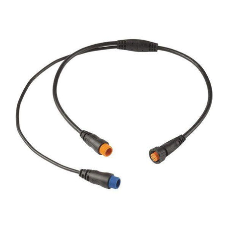 A black Y-cable with one end featuring an 8-pin connector and the other end a 12-pin connector, commonly used for connecting marine transducers.