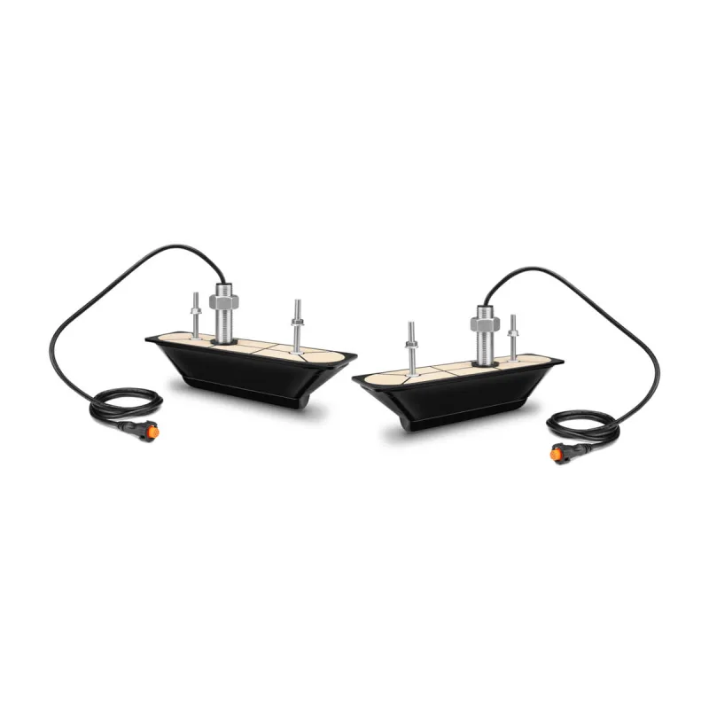 Par de transductores de montaje pasacascos de acero inoxidable Garmin GT30-THP con DownVü/SideVü y temperatura para ángulos de pantoque de 5°-25°