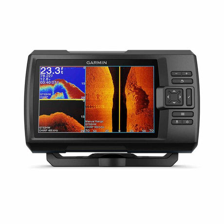 A Garmin STRIKER Vivid 7sv fishfinder with a color display showing sonar images, side buttons for navigation, and branding on the front.