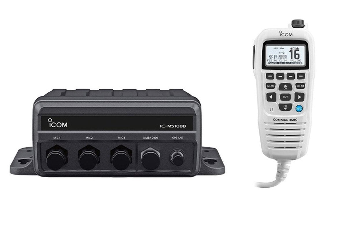 Icom IC-M510BB GW 21 VHF Black Box con micrófono de comando blanco y 3 puertos para micrófono de comando