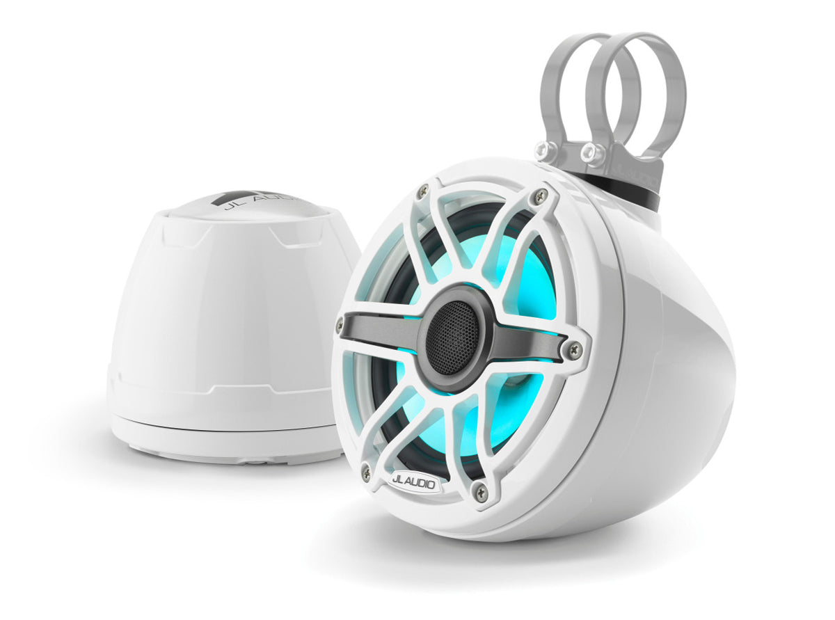 Altavoces coaxiales cerrados de 6.5" serie M6 VeX™ de JL Audio con iluminación LED RGB y rejillas deportivas blancas - M6-650VEX-Gw-S-GwGw-i
