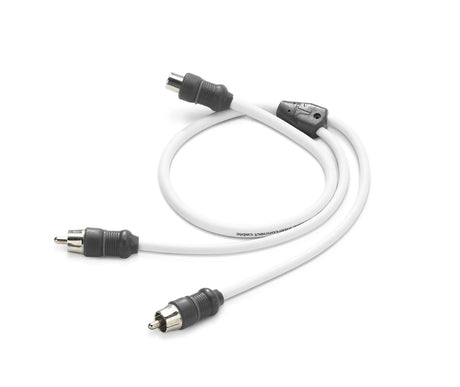 White audio cable with RCA connectors on a white background