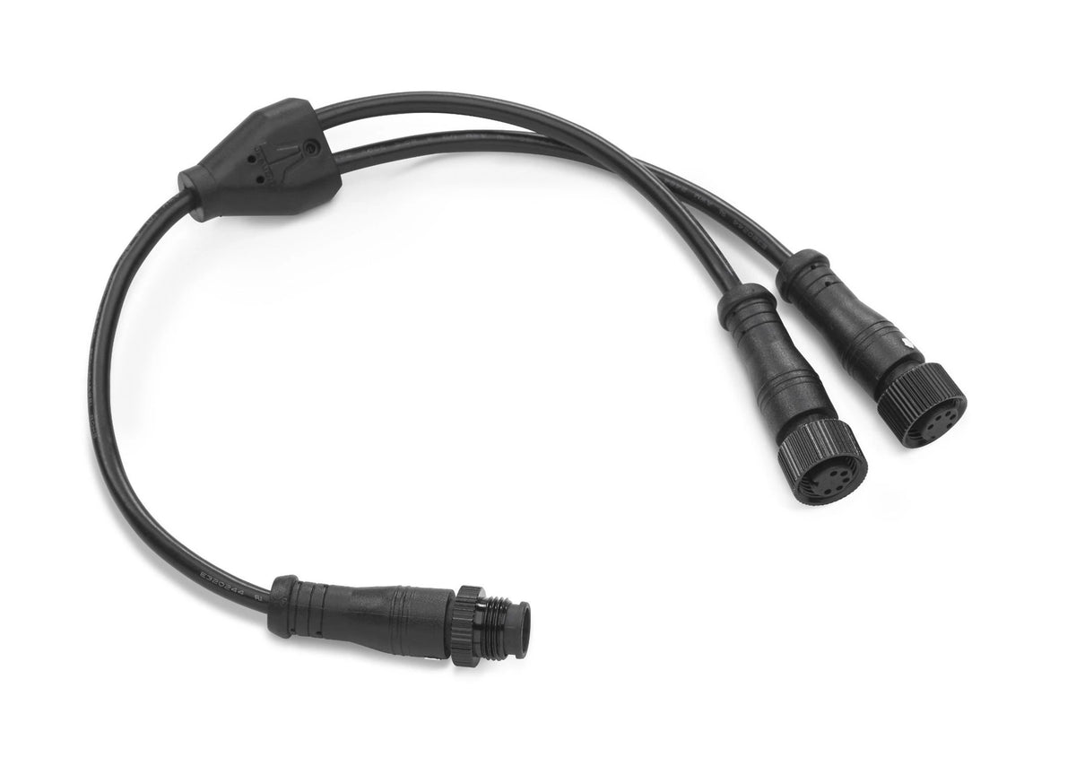 A black 2-way y-adaptor cable with one male connector and two female connectors.