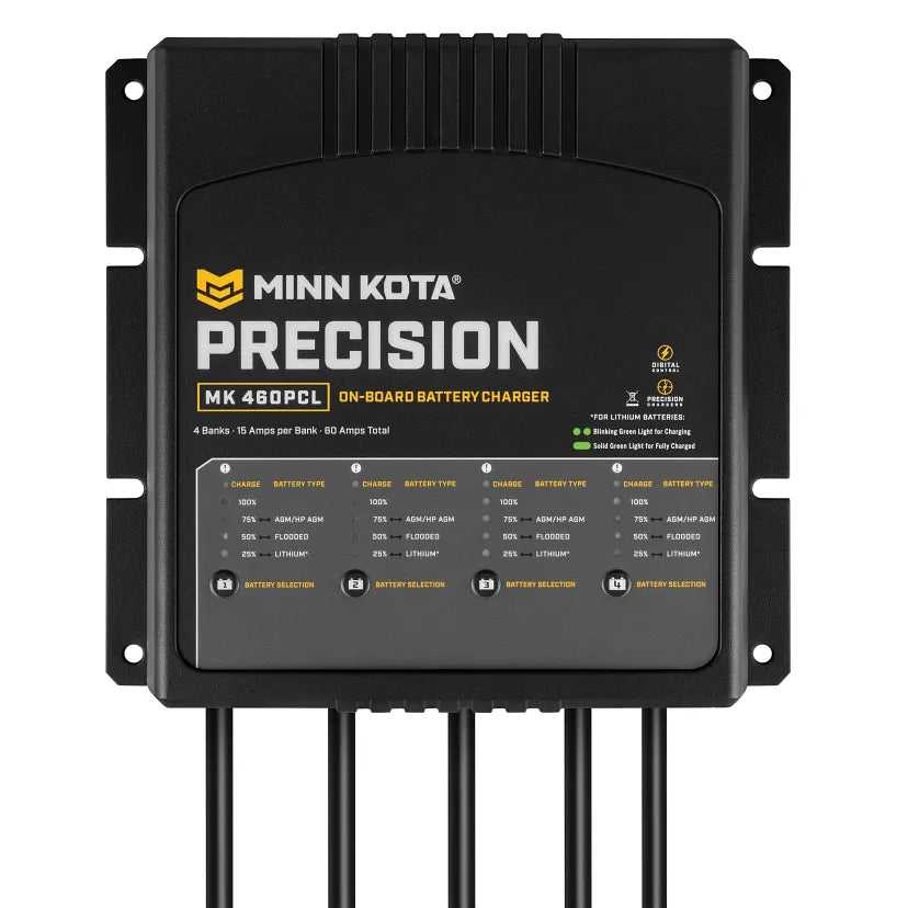 Cargador a bordo Minn Kota Precision MK-460 PCL, 4 bancos x 15 amperios, optimizado para litio