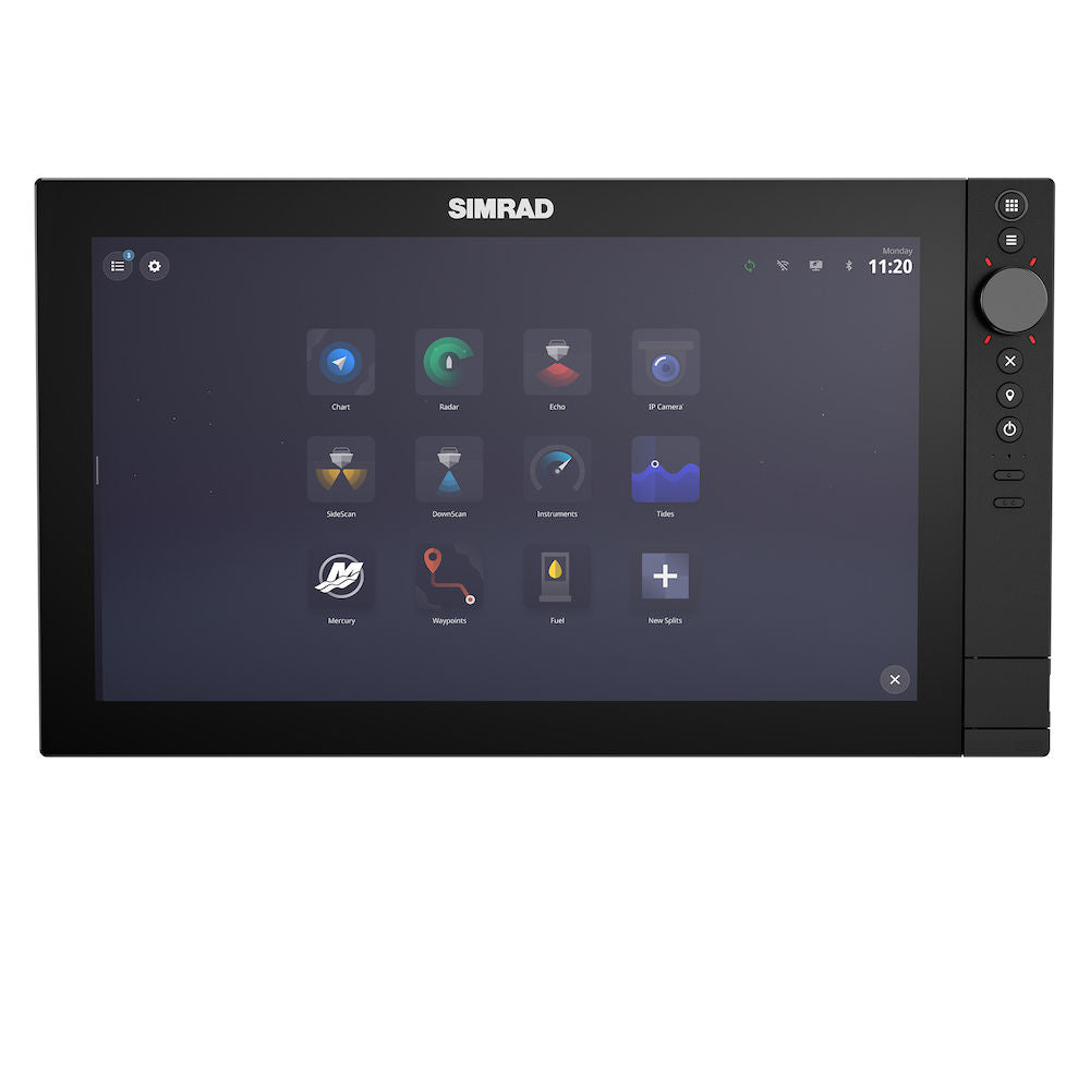 A black Simrad NSS 4 multi-function display with a touchscreen, rotary dial, and keypad, designed for marine electronics.