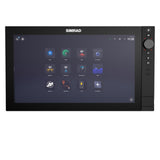 A black Simrad NSS 4 multi-function display with a touchscreen, rotary dial, and keypad, designed for marine electronics.