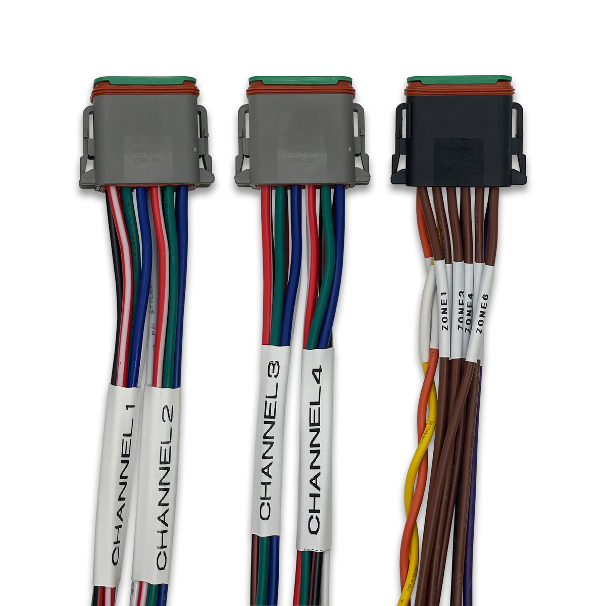 Three wiring harnesses with labeled channels on a white background