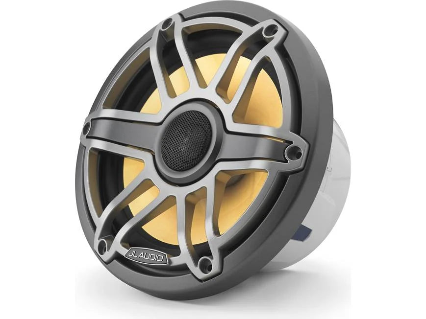Altavoces coaxiales marinos JL Audio serie M6 de 7.7" con rejilla deportiva gris metálico e iluminación LED Transflective™ - M6-770X-S-GmTi-i